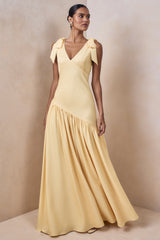 Cala | Lemon Satin Plunge-Neck Maxi Dress With Bow-Sleeves