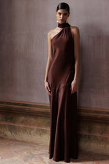 Cara | Brown Satin High-Neck Maxi Dress