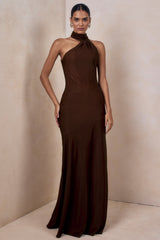 Cara | Brown Satin High-Neck Maxi Dress
