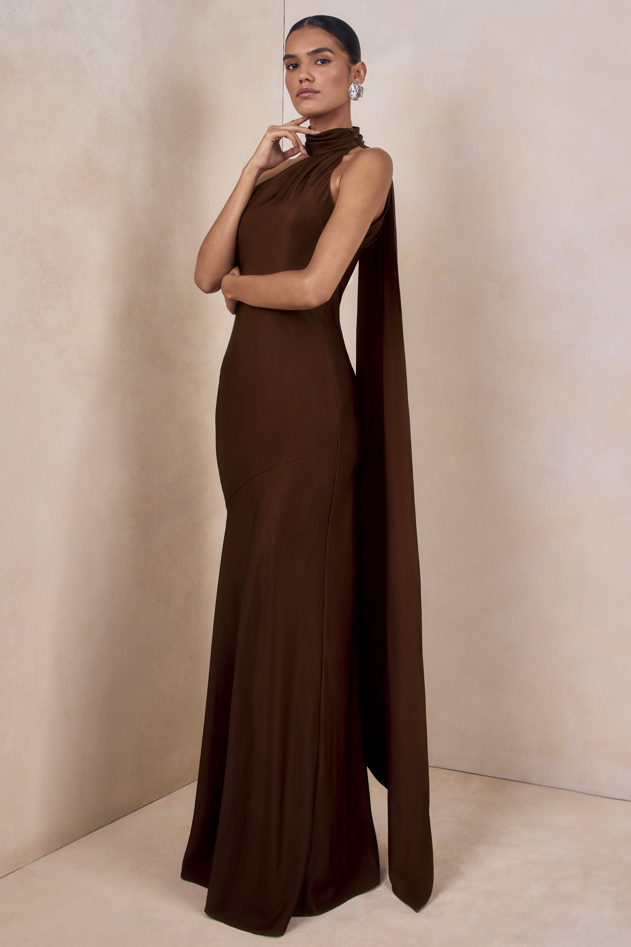 Cara | Brown Satin High-Neck Maxi Dress