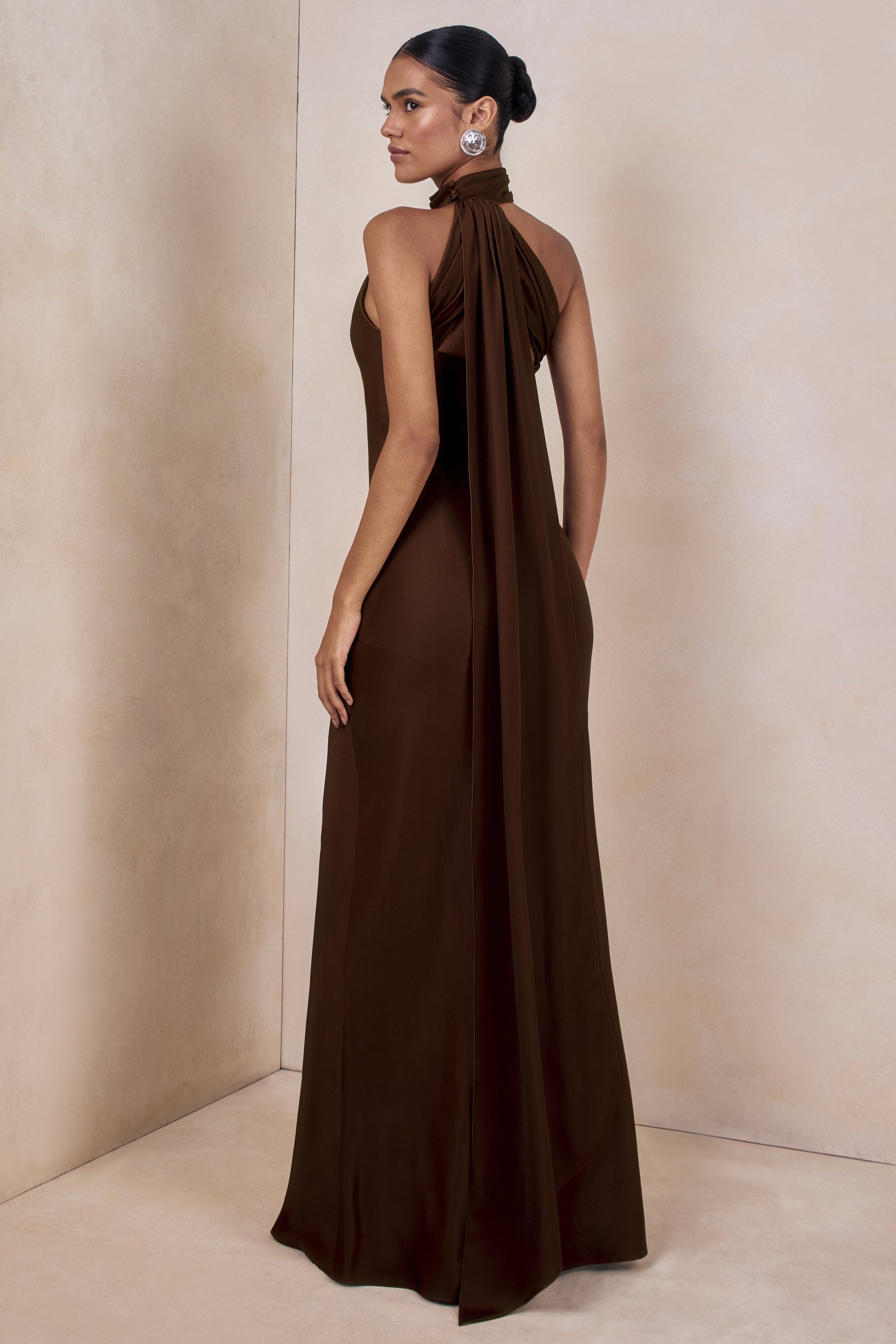 Cara | Brown Satin High-Neck Maxi Dress
