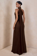 Cara | Brown Satin High-Neck Maxi Dress