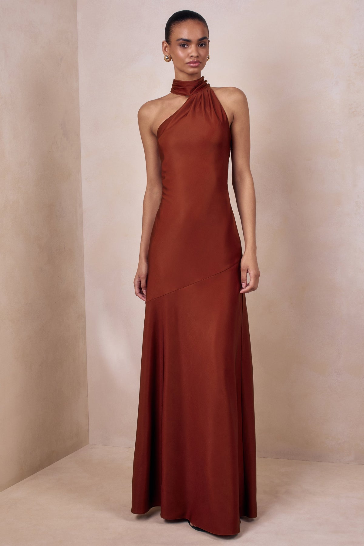 Cara | Rust Satin High-Neck Maxi Dress