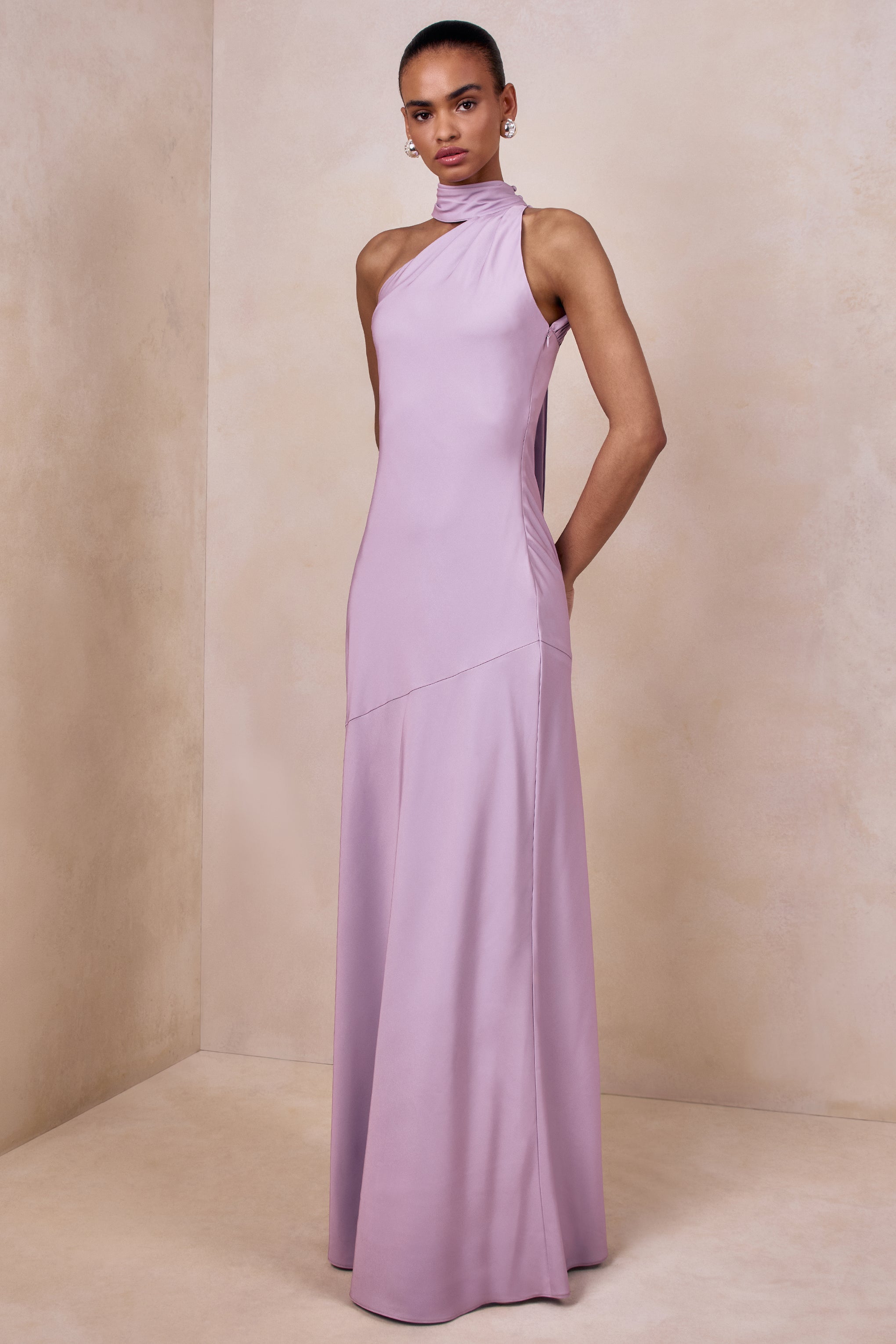 Cara | Lilac Satin High-Neck Maxi Dress