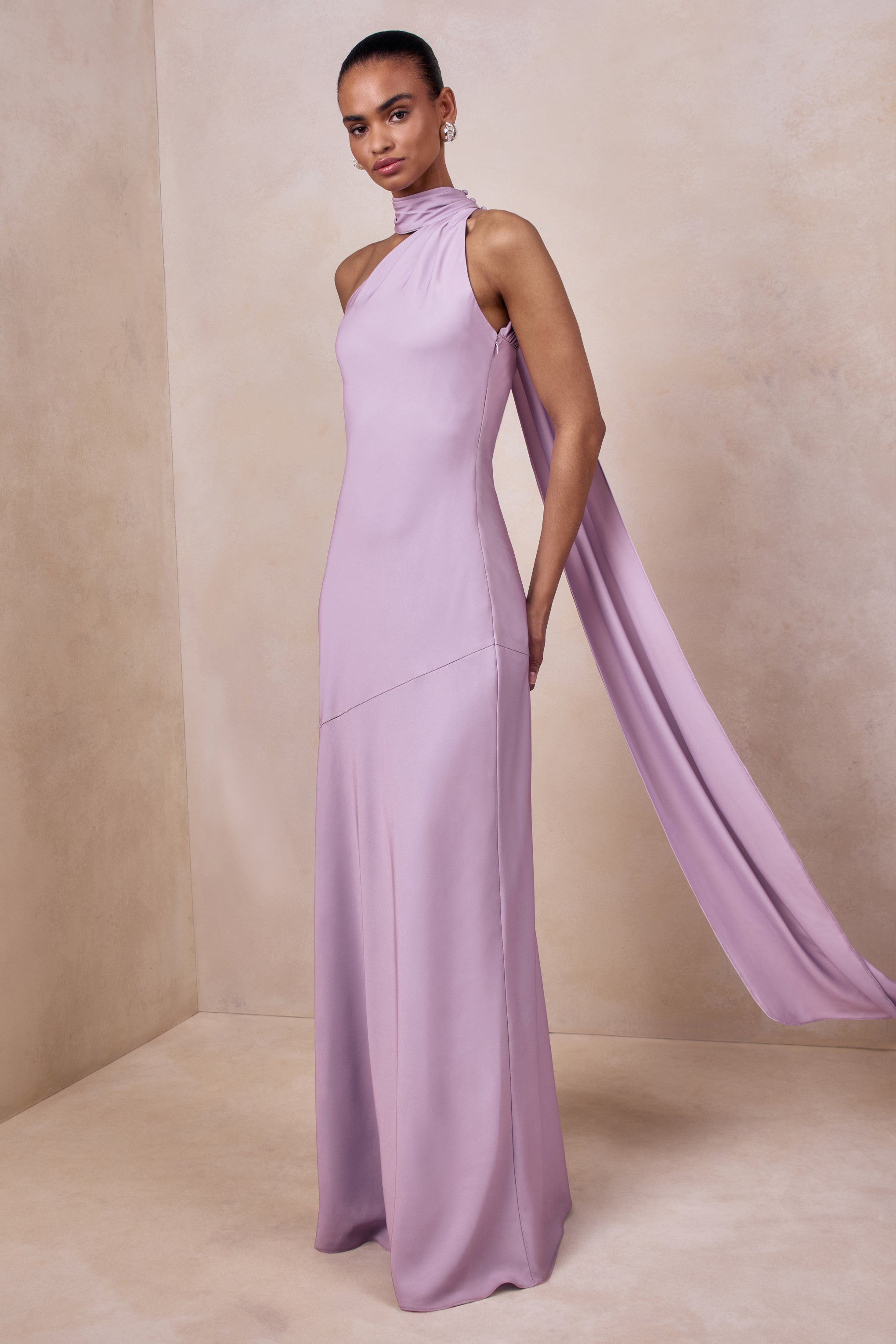 Cara | Lilac Satin High-Neck Maxi Dress