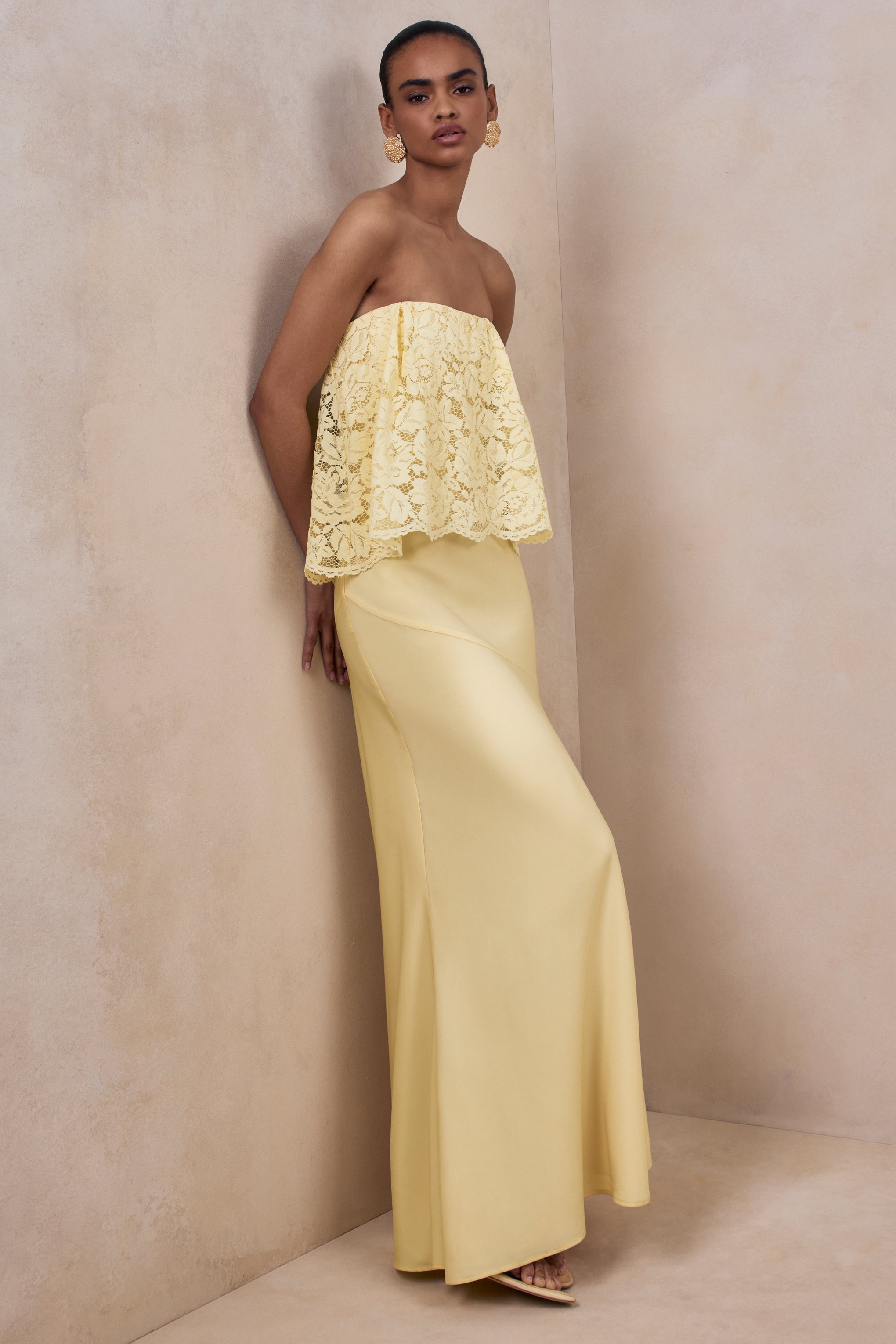 Clemency | Lemon Lace And Satin Bandeau Maxi Dress
