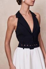 Alessa | Black & White Plunge-Neck Tailored Midi Dress