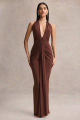 Lesley | Brown Plunge-Neck Maxi Dress