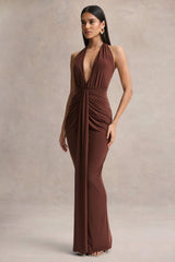 Lesley | Brown Plunge-Neck Maxi Dress