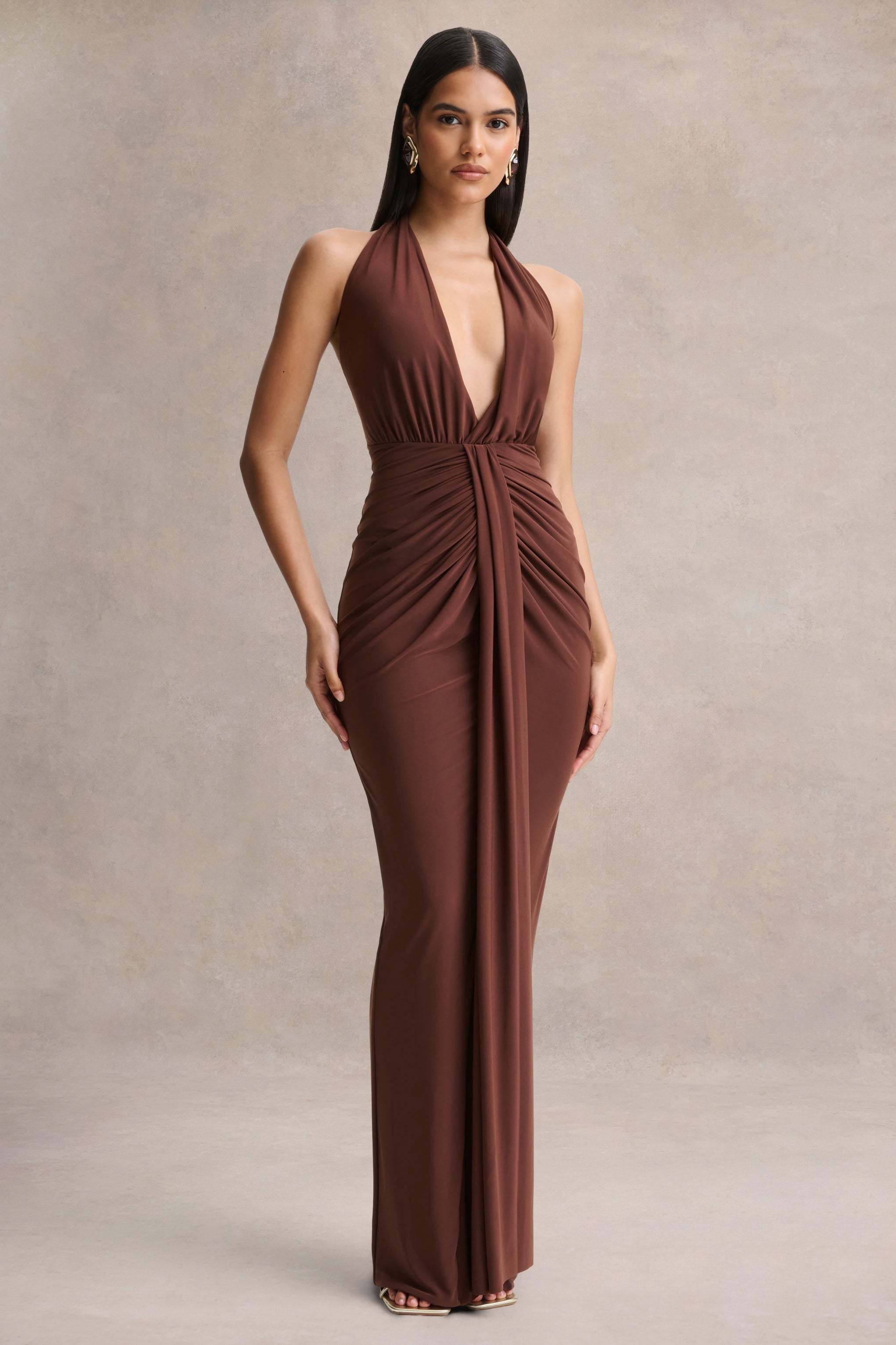 Lesley | Brown Plunge-Neck Maxi Dress
