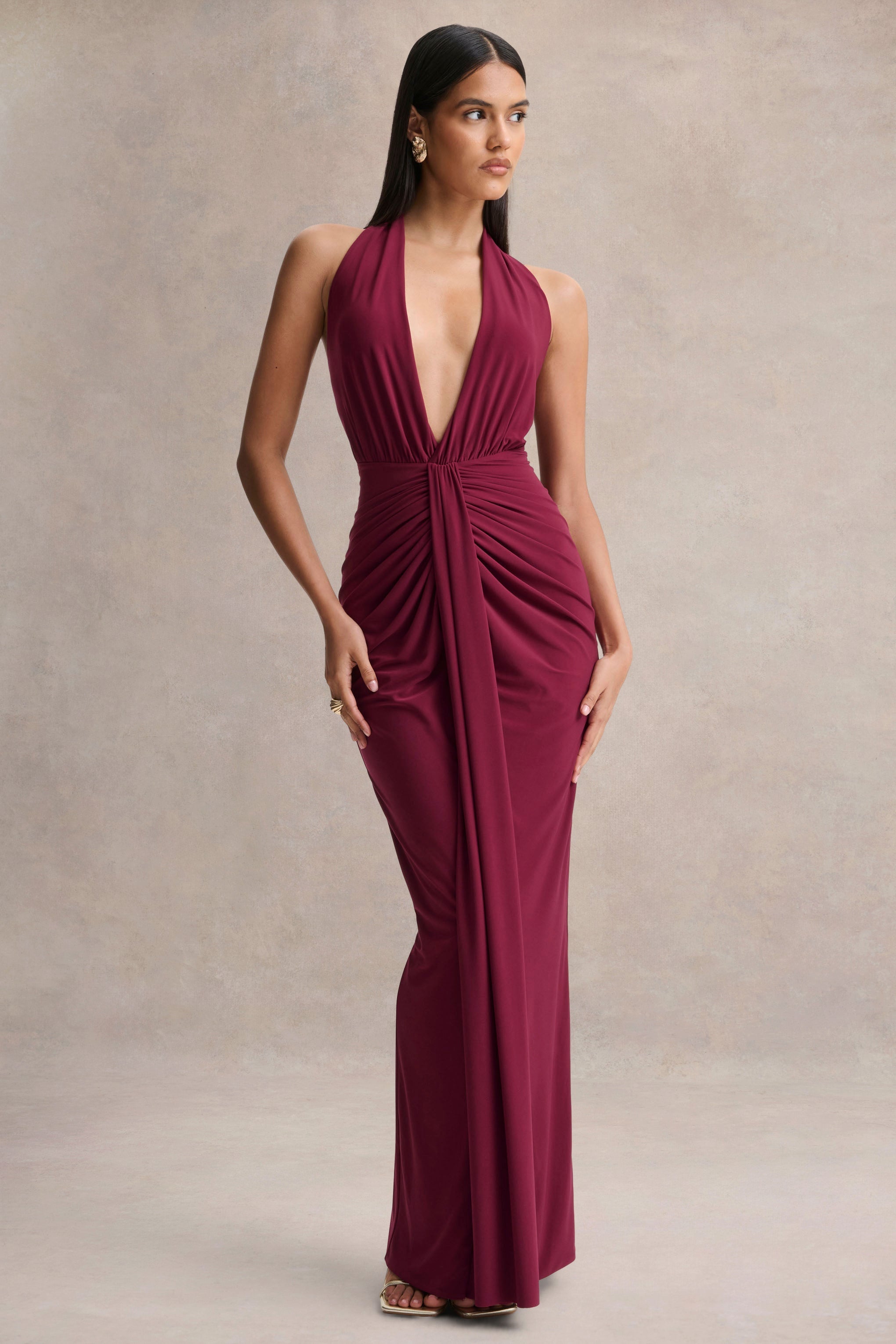 Lesley | Burgundy Plunge-Neck Maxi Dress