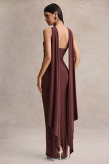 Sheila | Dark Brown Bandeau Maxi Dress With Scarf Detail