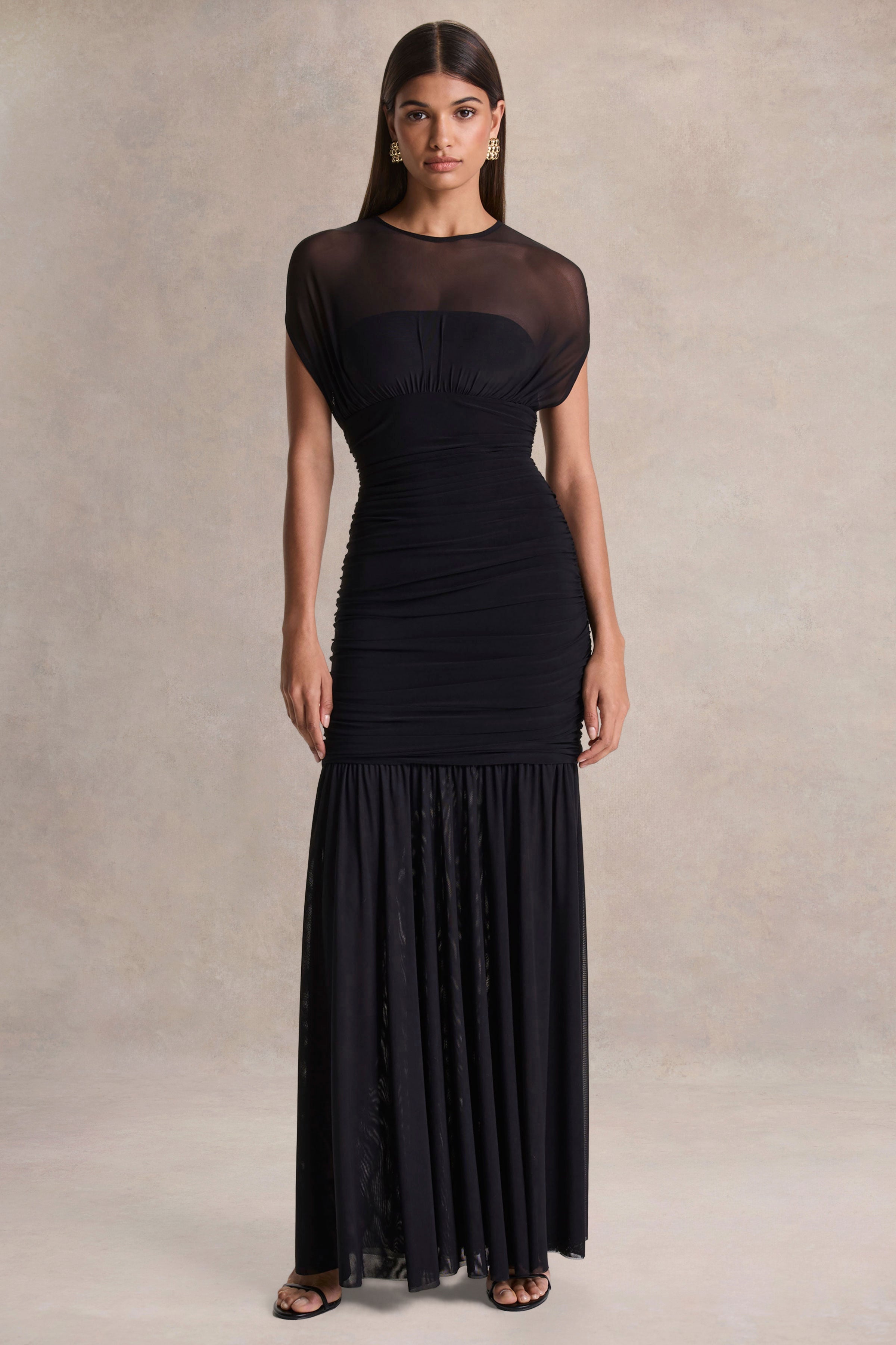 Kalene | Black Wide-Neck Maxi Dress With Sheer-Detailing