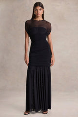 Kalene | Black Wide-Neck Maxi Dress With Sheer-Detailing
