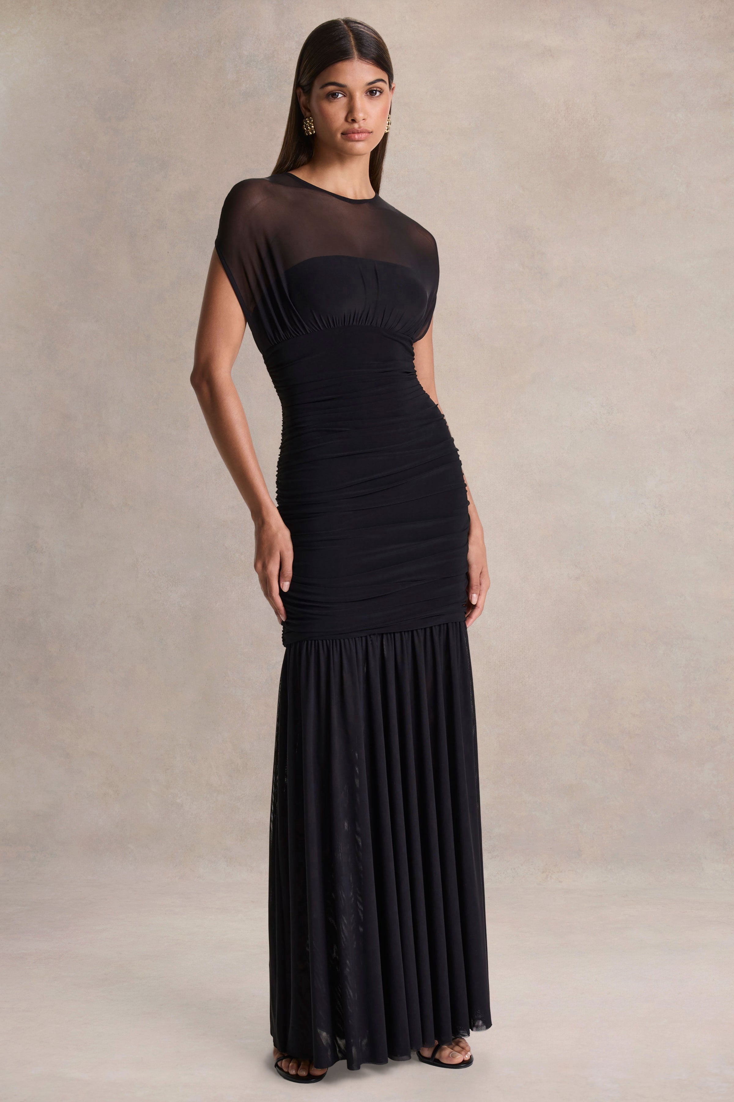 Kalene | Black Wide-Neck Maxi Dress With Sheer-Detailing