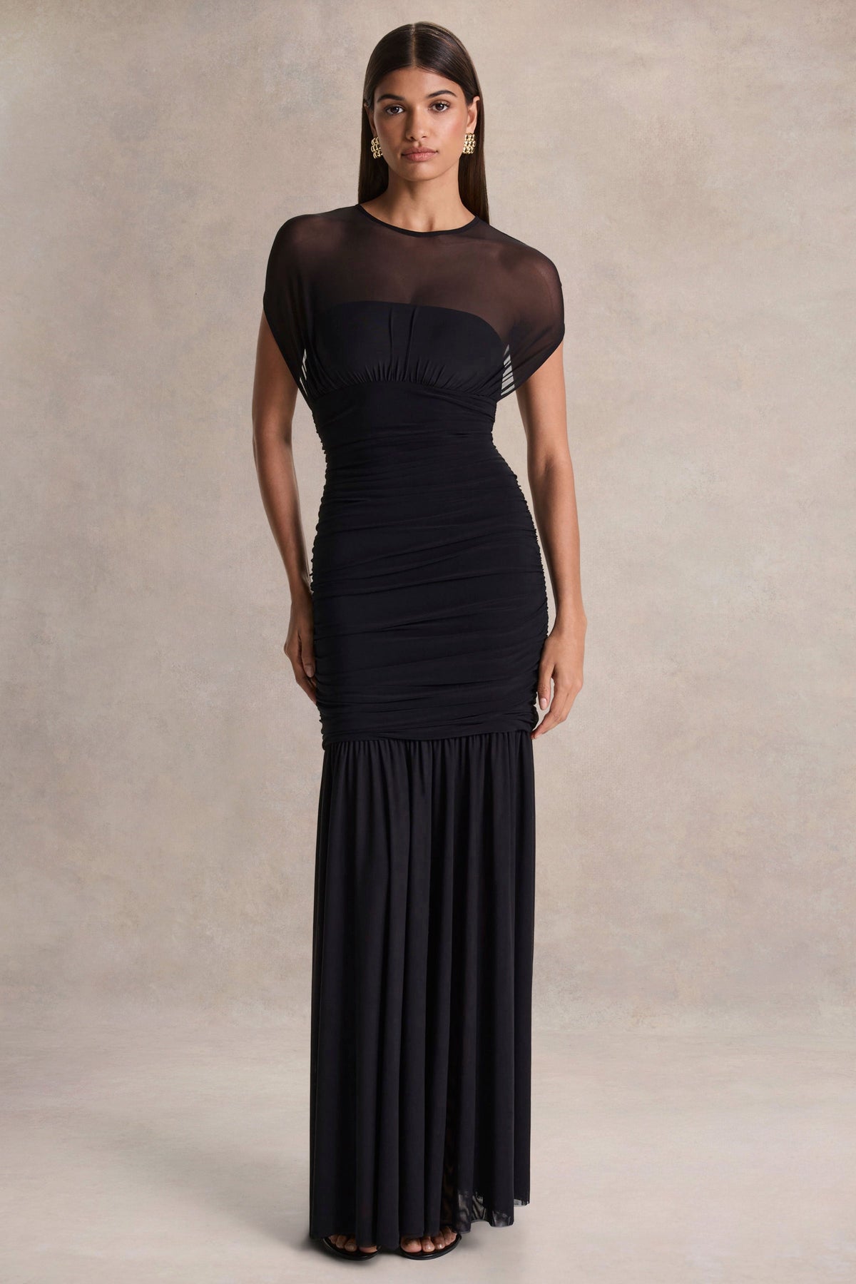 Kalene | Black Wide-Neck Maxi Dress With Sheer-Detailing