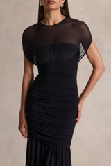 Kalene | Black Wide-Neck Maxi Dress With Sheer-Detailing