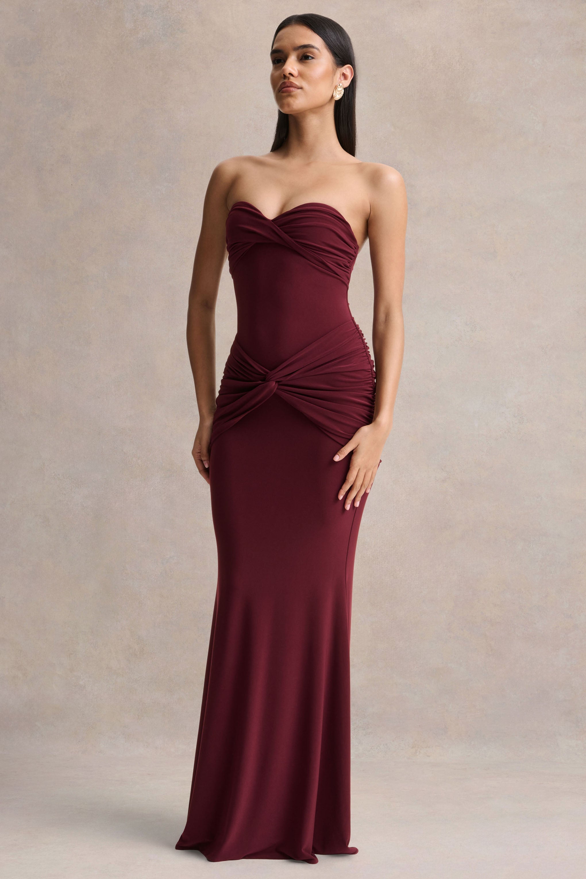 Elodia | Burgundy Bandeau Maxi Dress With Gathered-Detailing