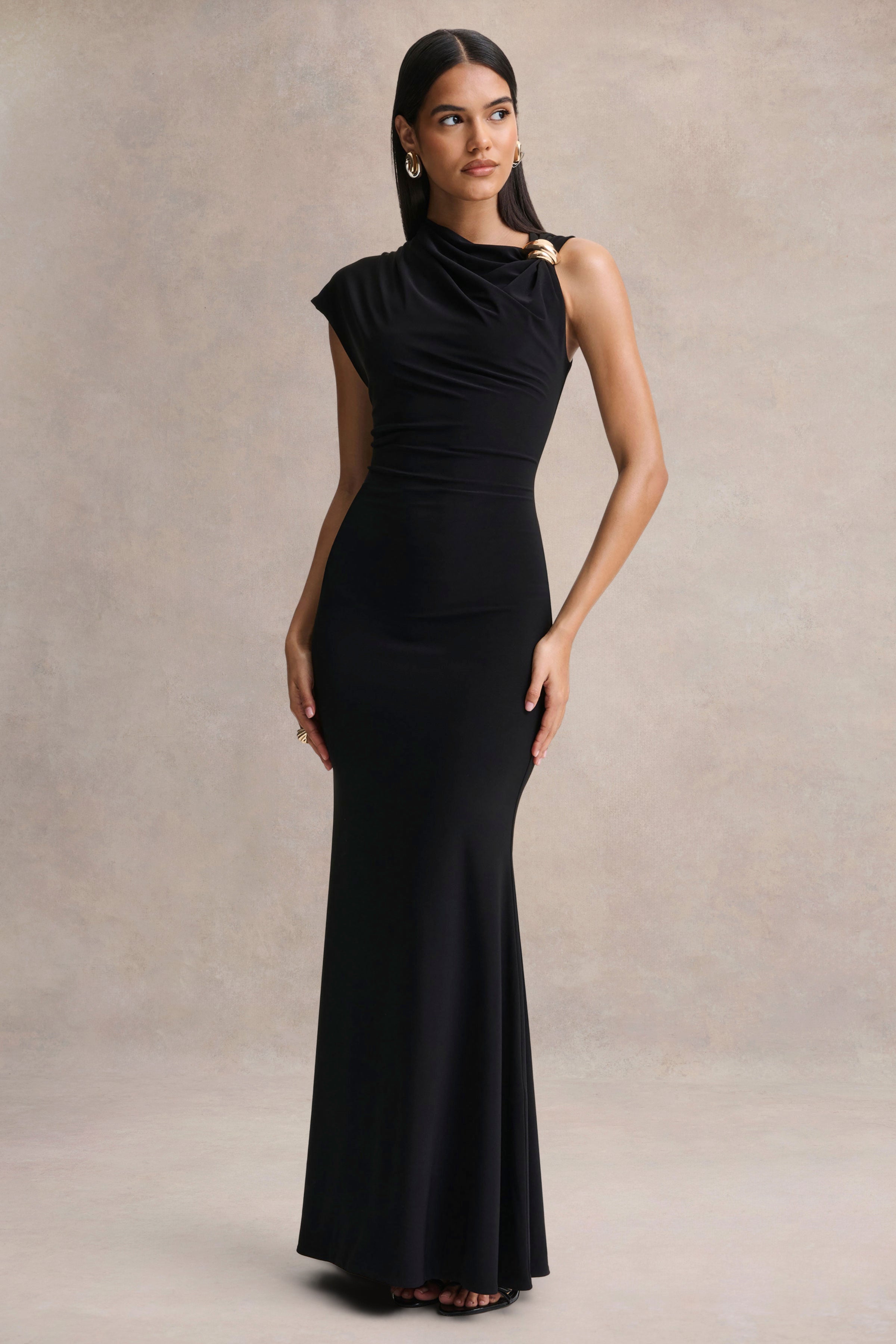 Blaire | Black Asymmetric-Neck Maxi Dress With Gold-Detailing
