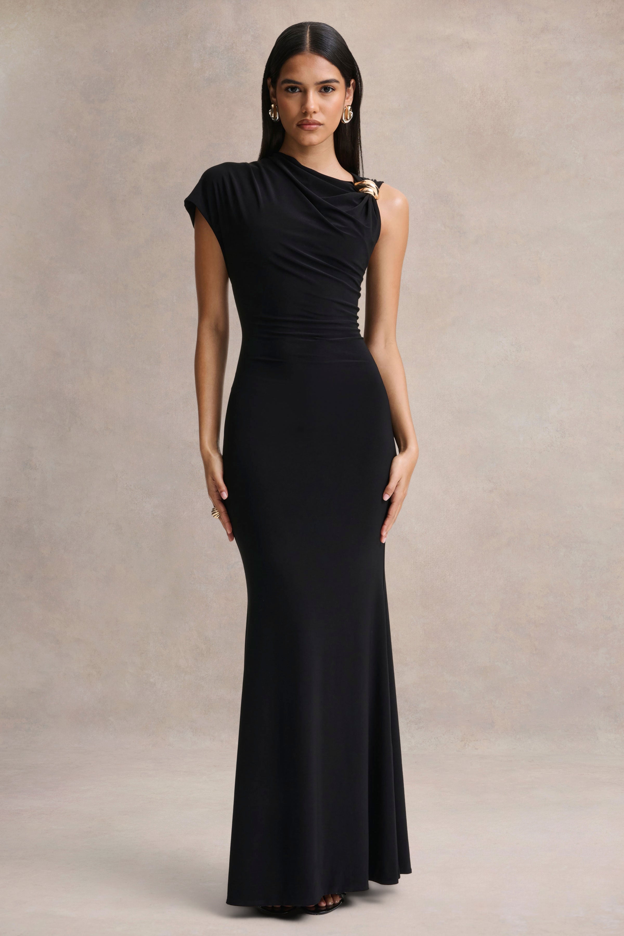 Blaire | Black Asymmetric-Neck Maxi Dress With Gold-Detailing