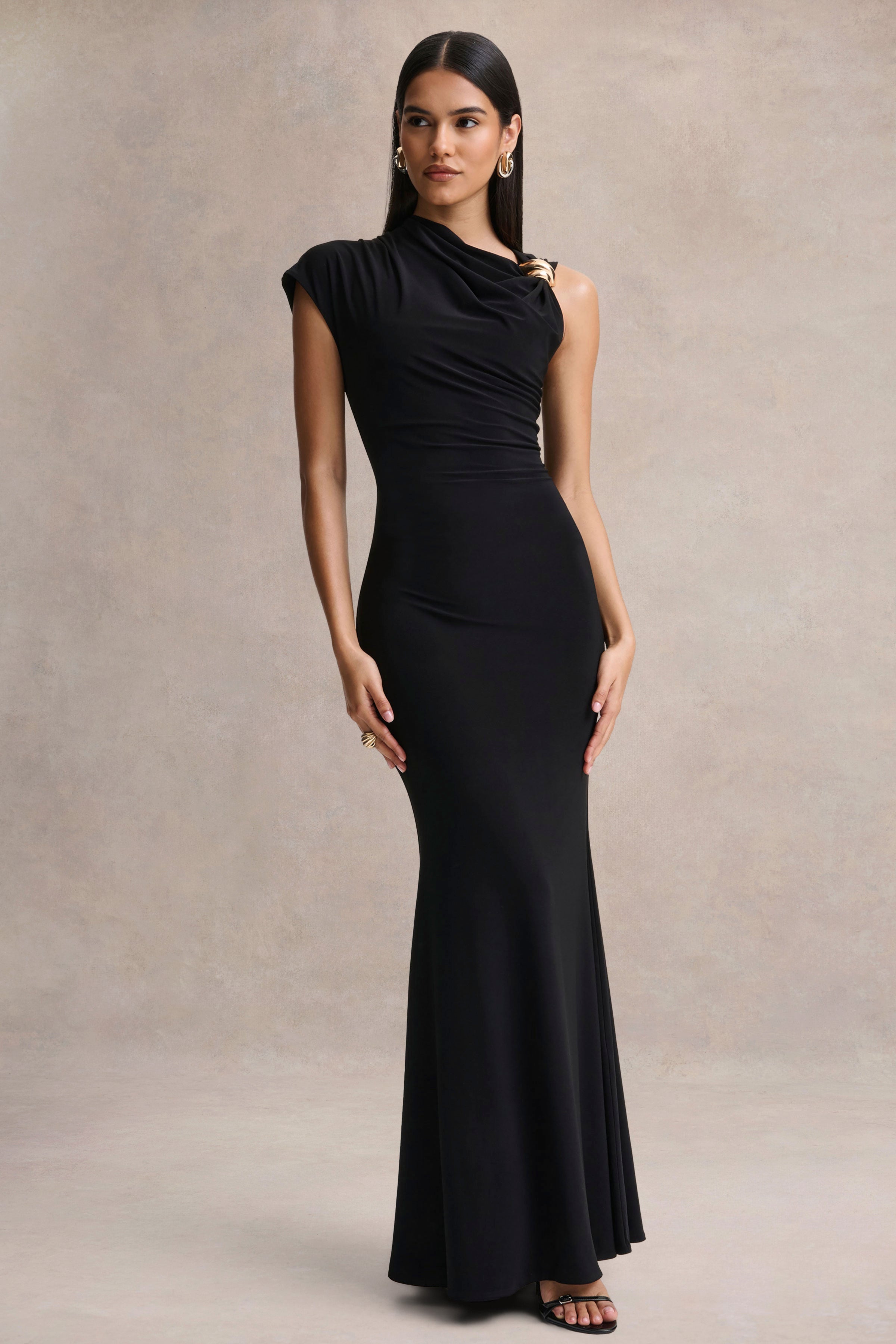 Blaire | Black Asymmetric-Neck Maxi Dress With Gold-Detailing