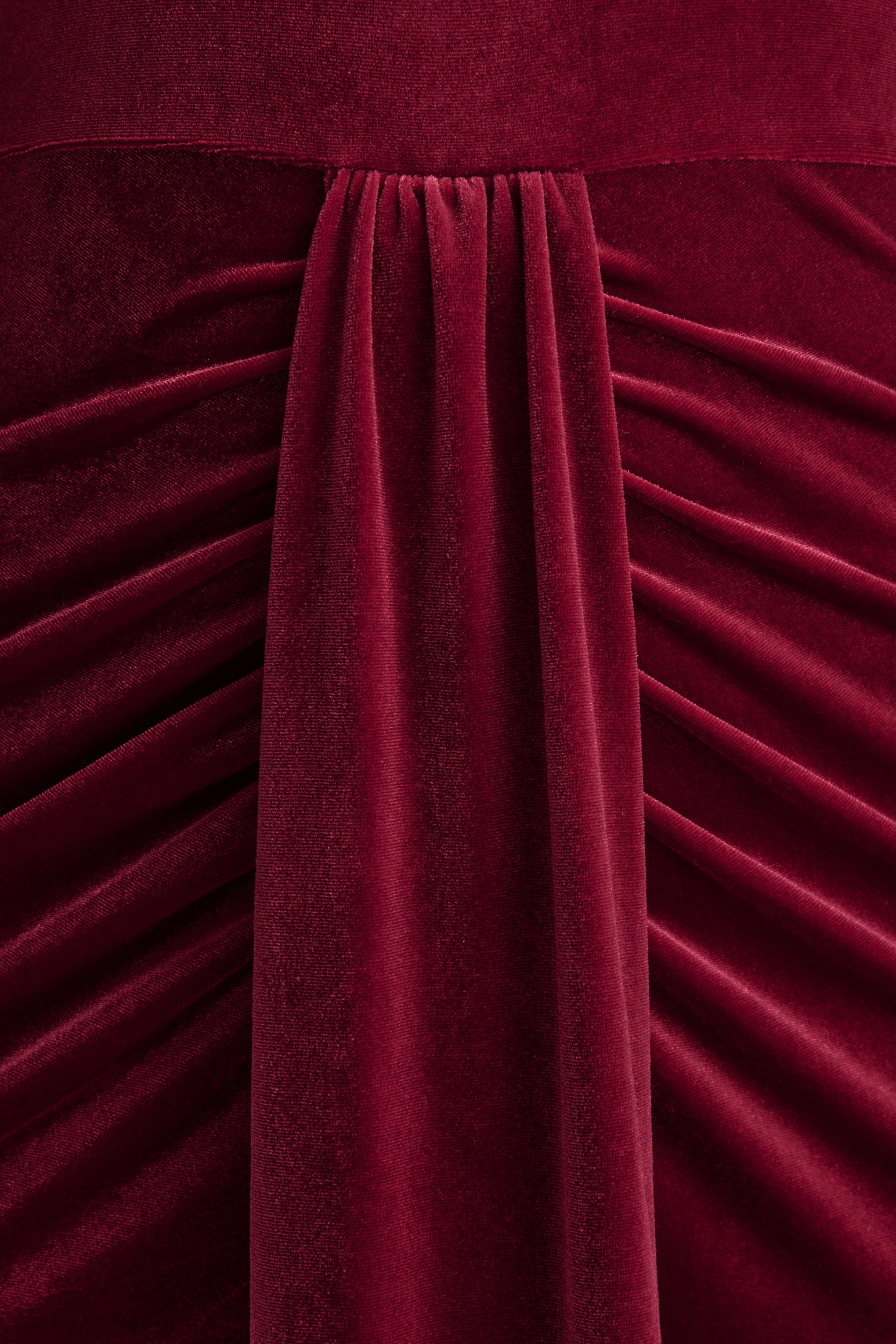 Adoring | Burgundy Velvet High-Neck Maxi Dress With Cape