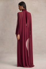 Adoring | Burgundy Velvet High-Neck Maxi Dress With Cape