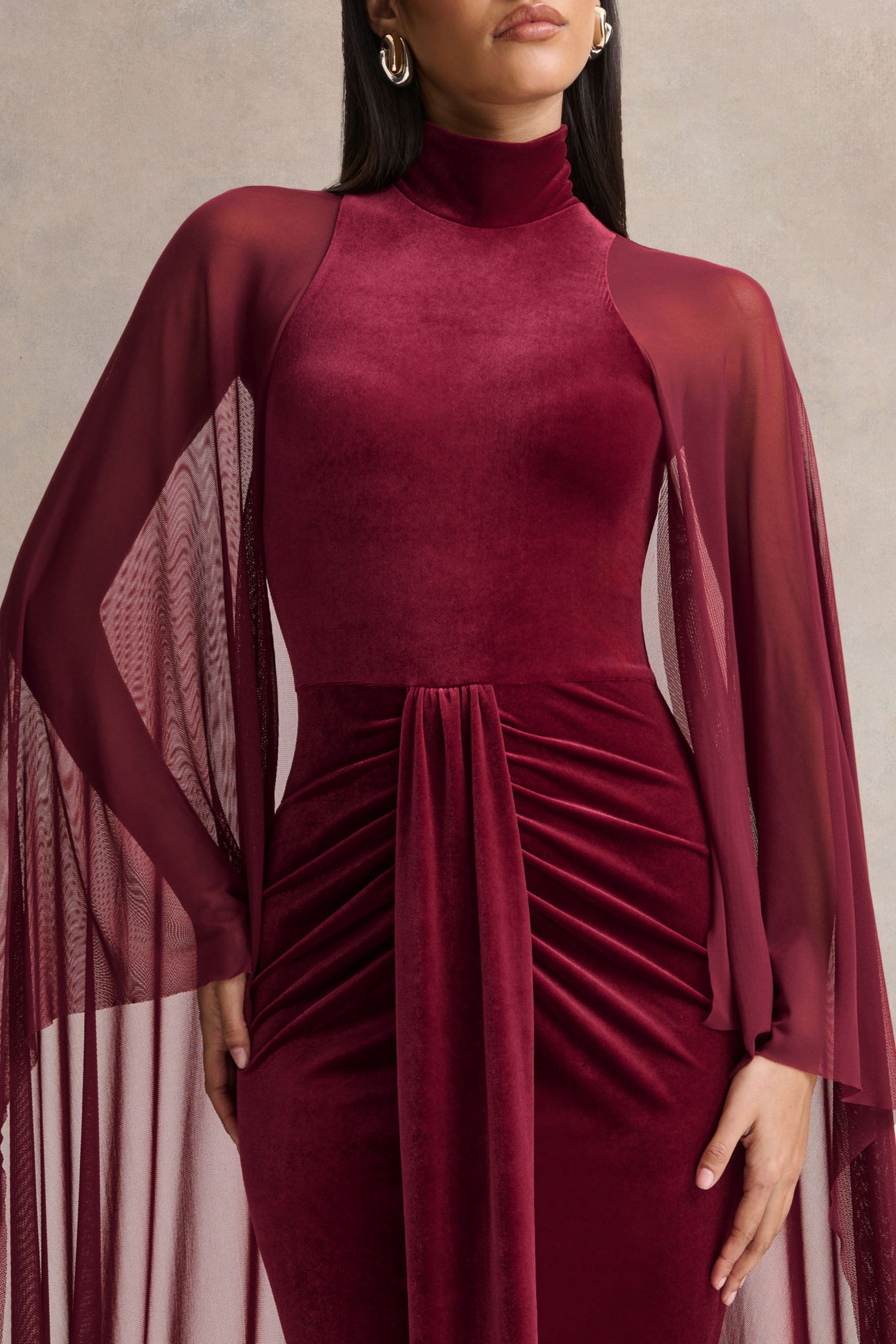 Adoring | Burgundy Velvet High-Neck Maxi Dress With Cape