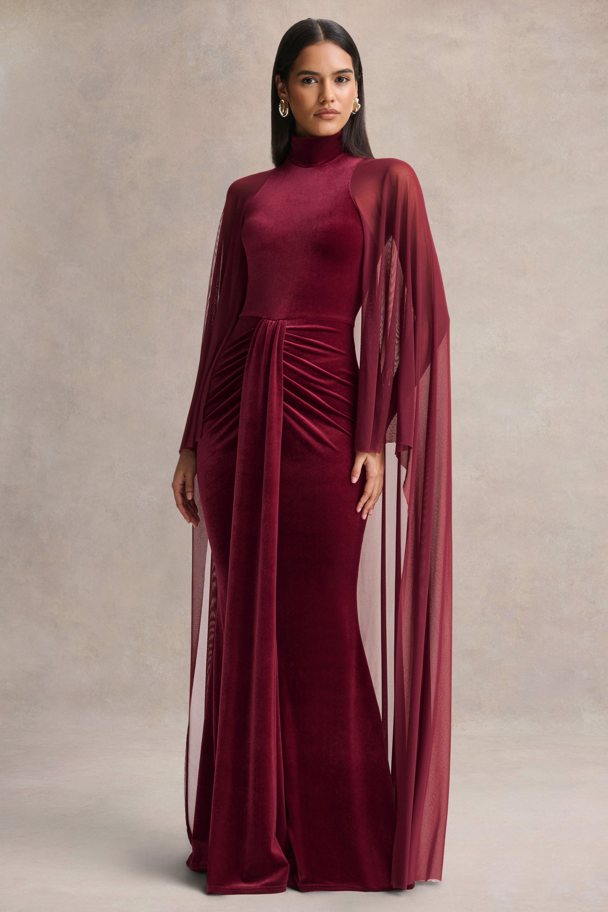 Adoring | Burgundy Velvet High-Neck Maxi Dress With Cape