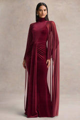 Adoring | Burgundy Velvet High-Neck Maxi Dress With Cape