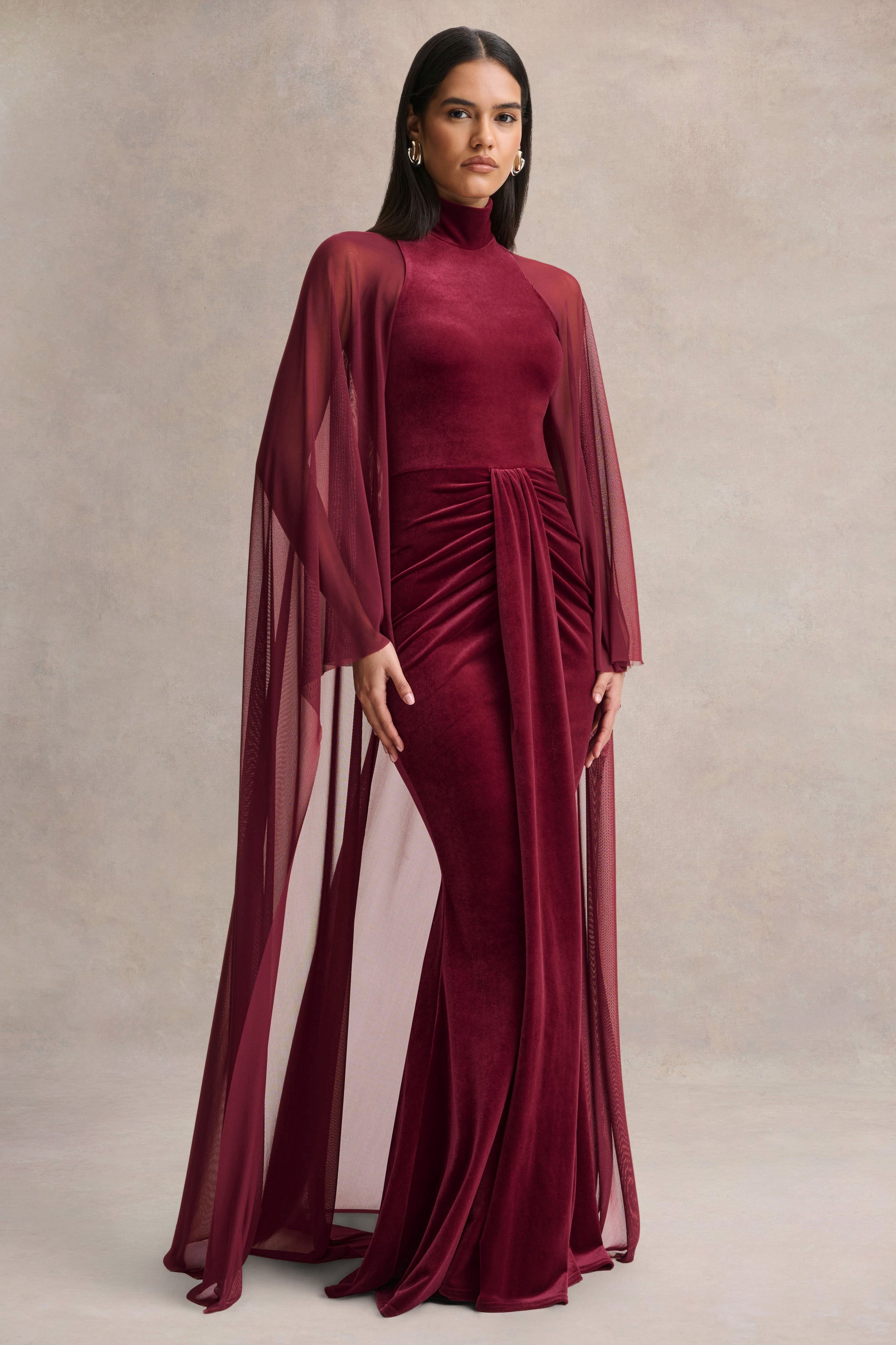 Adoring | Burgundy Velvet High-Neck Maxi Dress With Cape