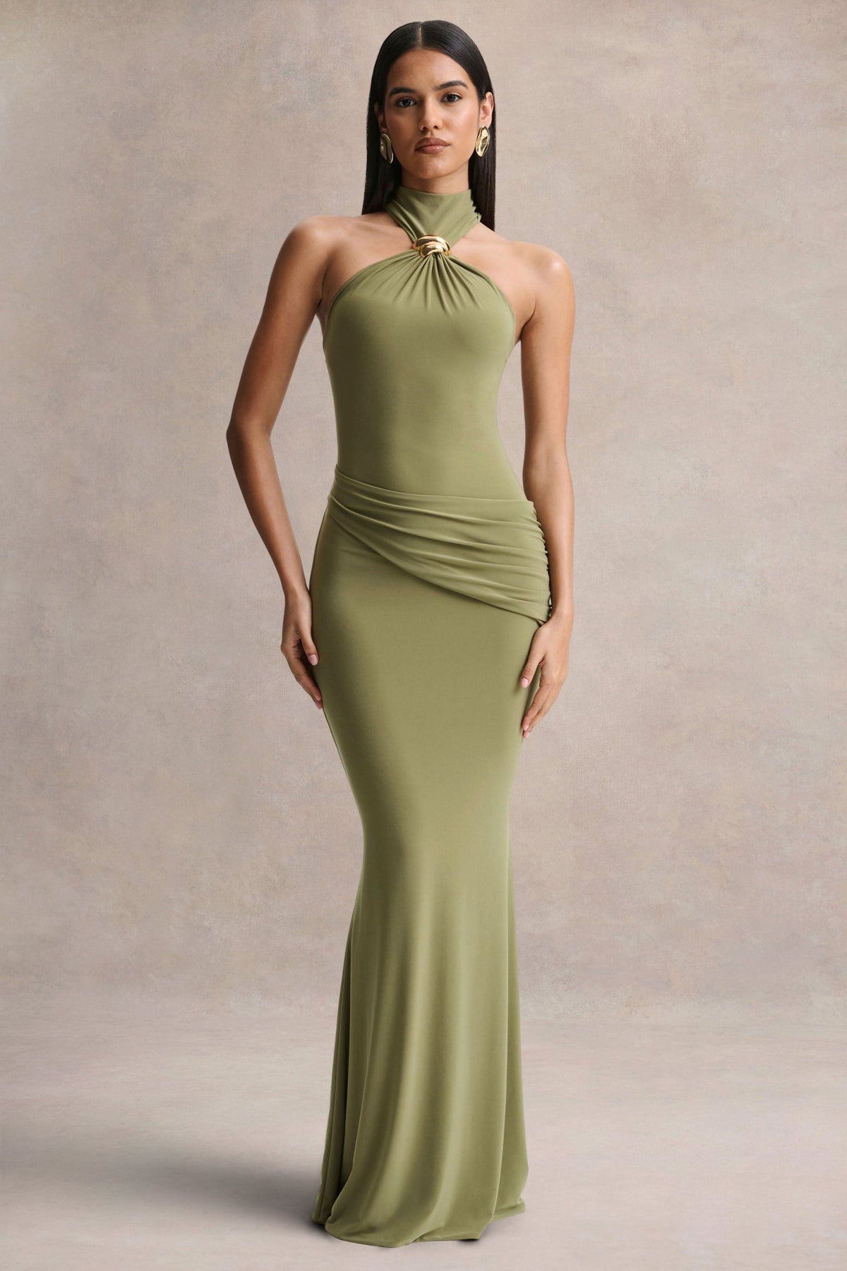 Polina | Olive High-Neck Maxi Dress With Drape And Gold-Detail
