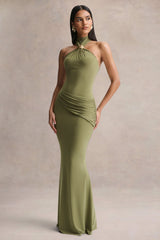 Polina | Olive High-Neck Maxi Dress With Drape And Gold-Detail