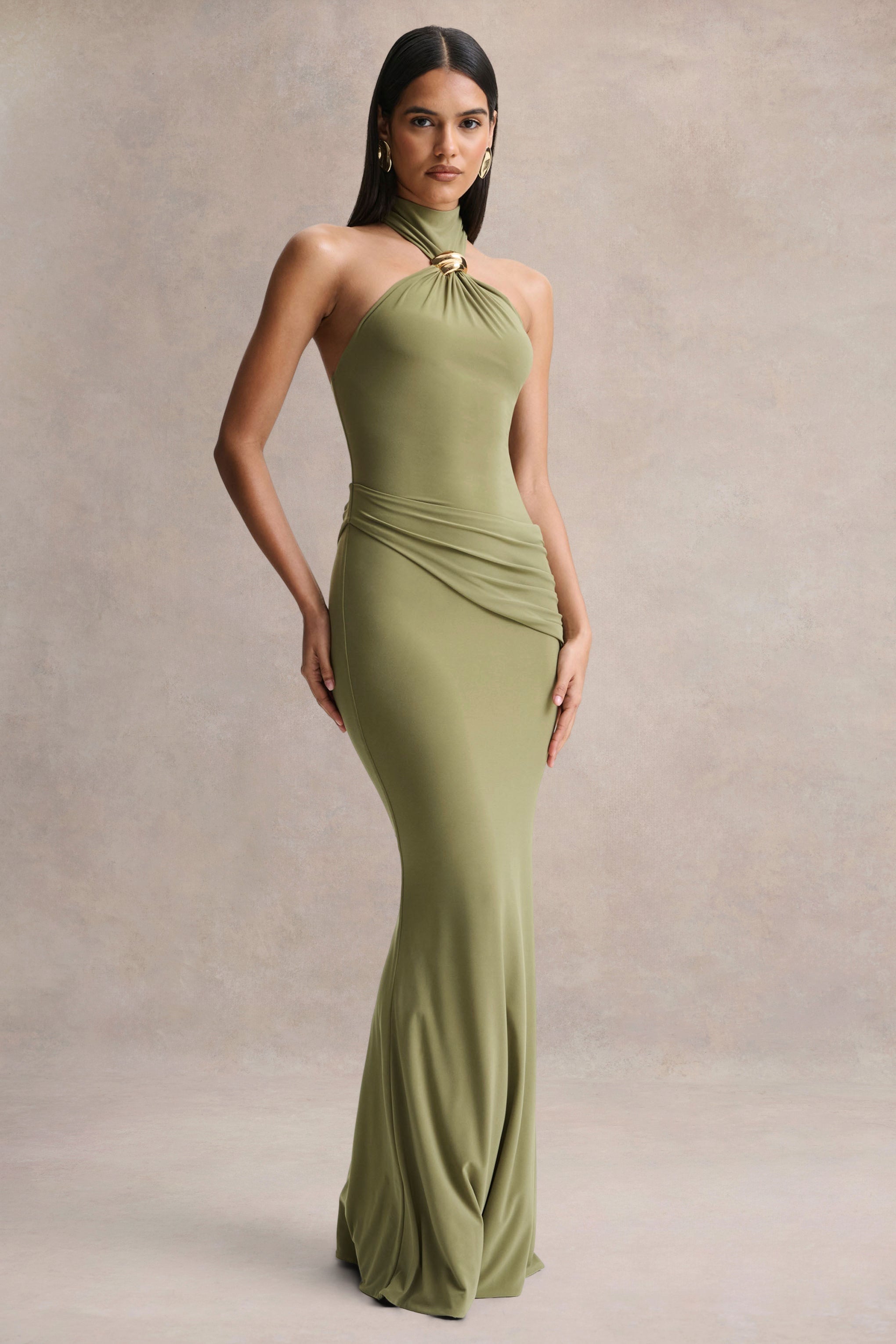 Polina | Olive High-Neck Maxi Dress With Drape And Gold-Detail