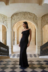 Afina | Black Lace Asymmetric-Neck Maxi Dress