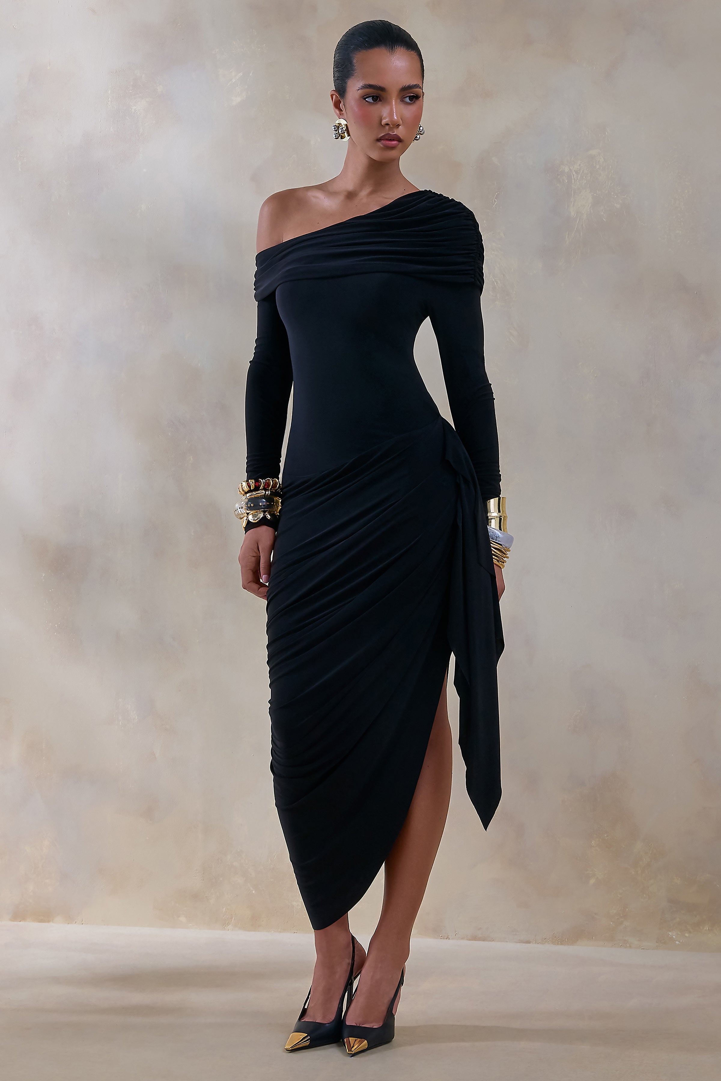 Franca | Black Asymmetric-Neck Midi Dress With Draped And Gathered Detailing