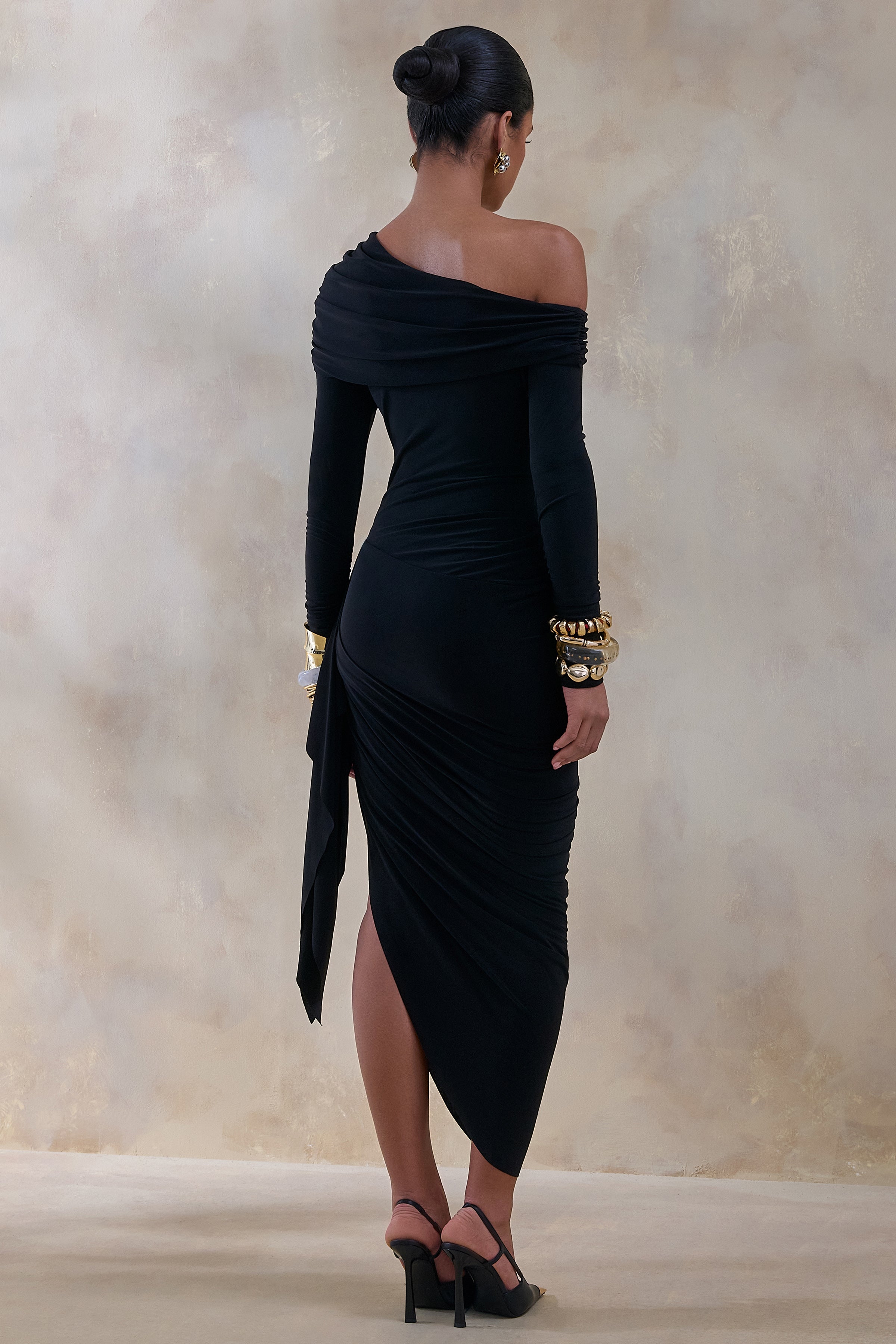 Franca | Black Asymmetric-Neck Midi Dress With Draped And Gathered Detailing