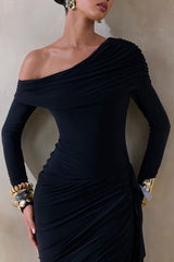 Franca | Black Asymmetric-Neck Midi Dress With Draped And Gathered Detailing