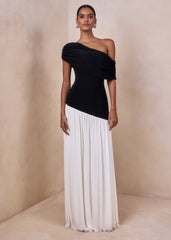 Doroyta | Black And White Asymmetric-Neck Maxi Dress