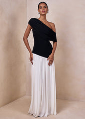 Doroyta | Black And White Asymmetric-Neck Maxi Dress