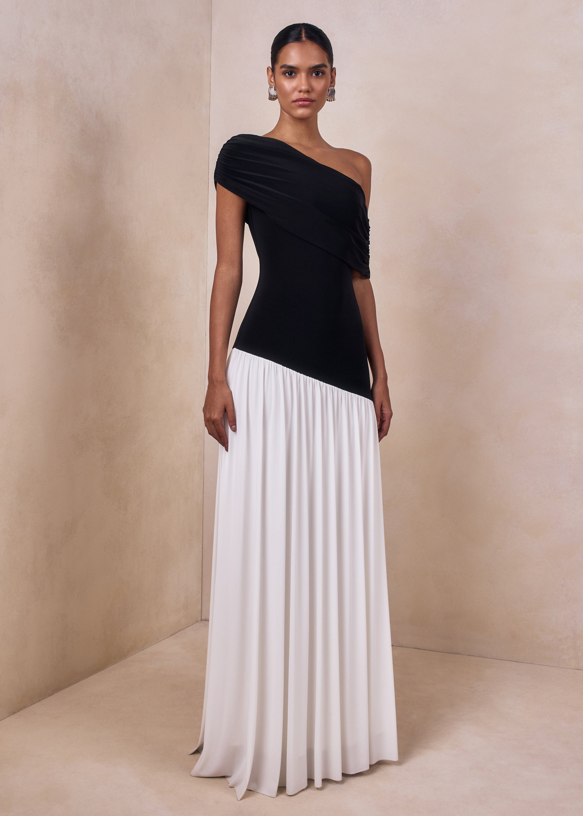 Doroyta | Black And White Asymmetric-Neck Maxi Dress