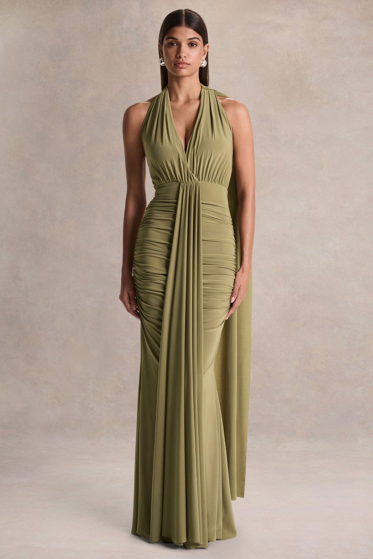 Roselani | Olive Halter-Neck Maxi Dress With Open-Back