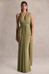 Roselani | Olive Halter-Neck Maxi Dress With Open-Back