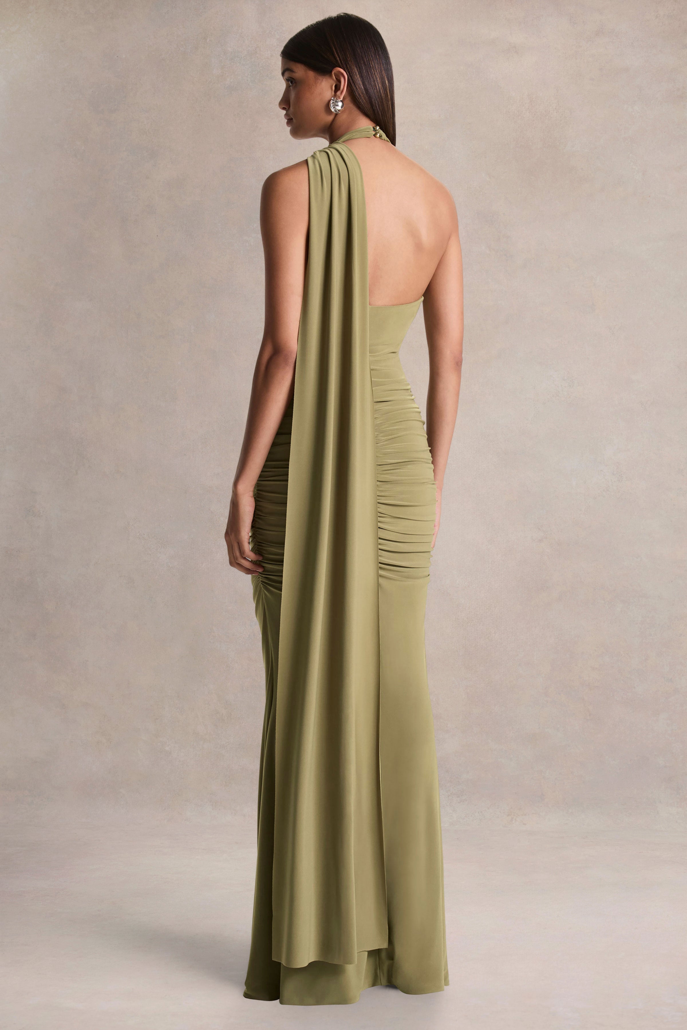 Roselani | Olive Halter-Neck Maxi Dress With Open-Back