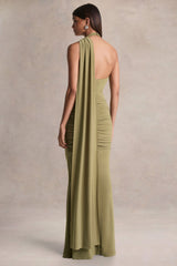 Roselani | Olive Halter-Neck Maxi Dress With Open-Back