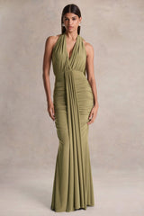 Roselani | Olive Halter-Neck Maxi Dress With Open-Back