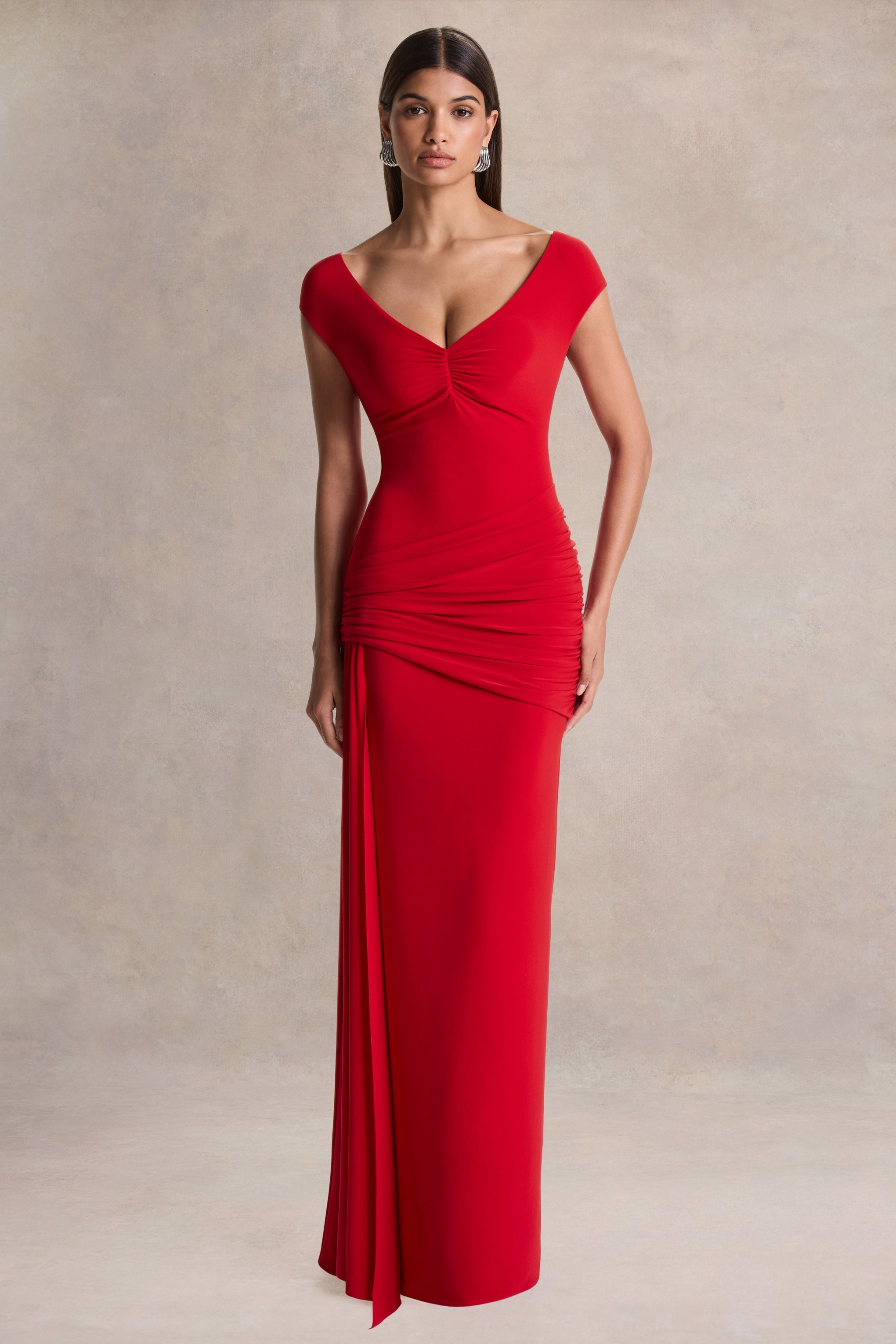 Petronia | Red V-Neck Maxi Dress With Wrap-Detail