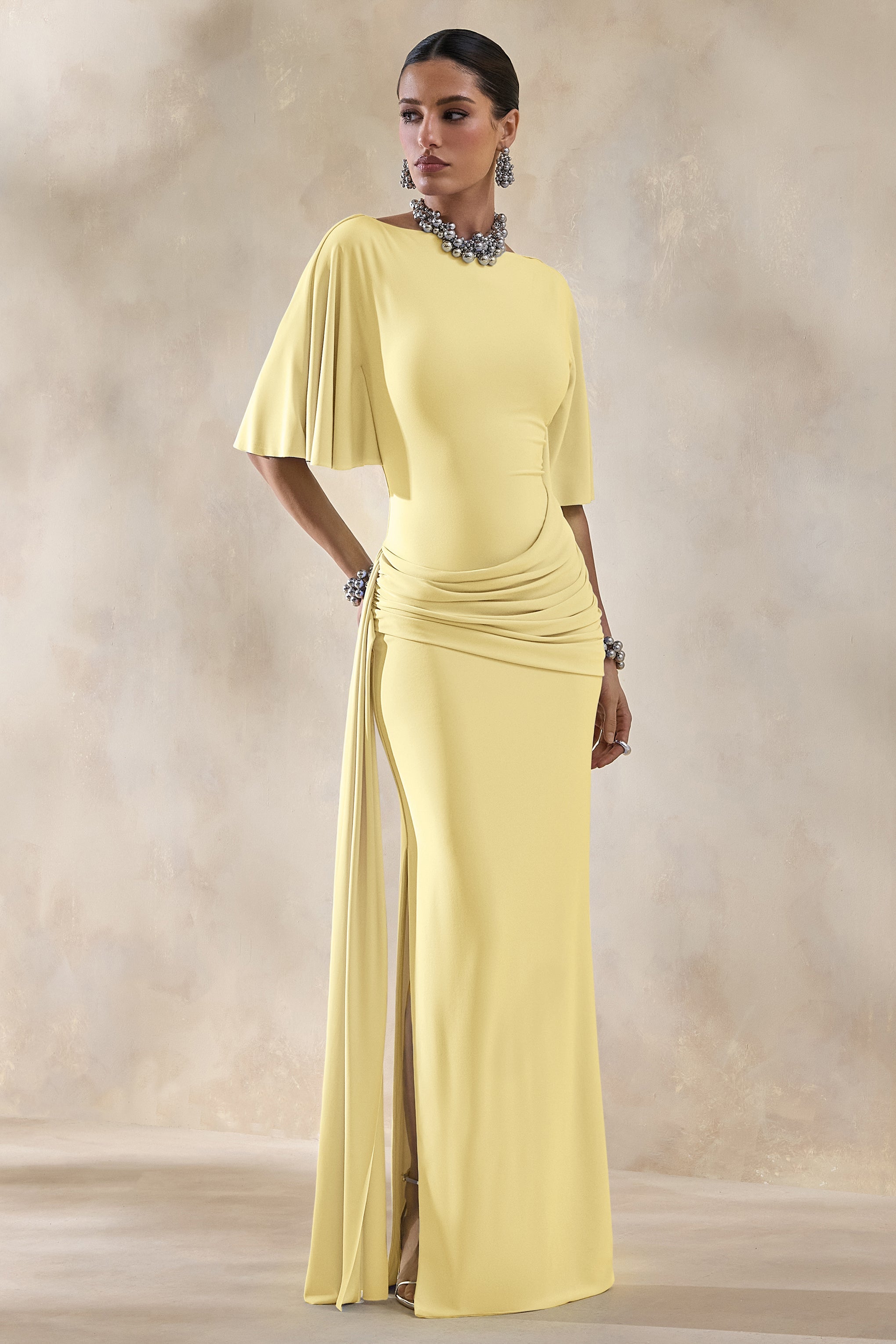 Emerelle | Lemon Wide-Neck Maxi Dress With Sash And Draped-Detailing