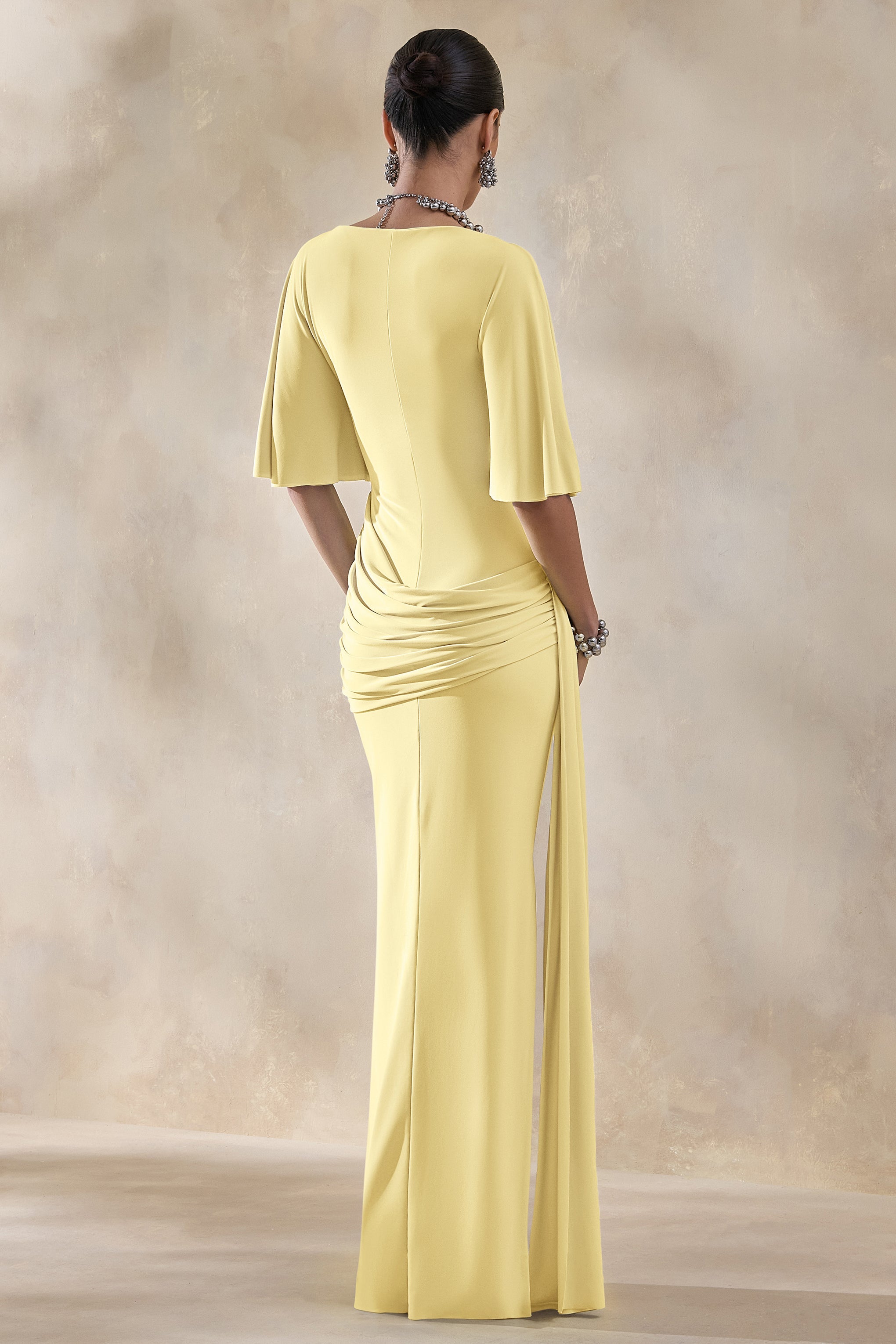 Emerelle | Lemon Wide-Neck Maxi Dress With Sash And Draped-Detailing