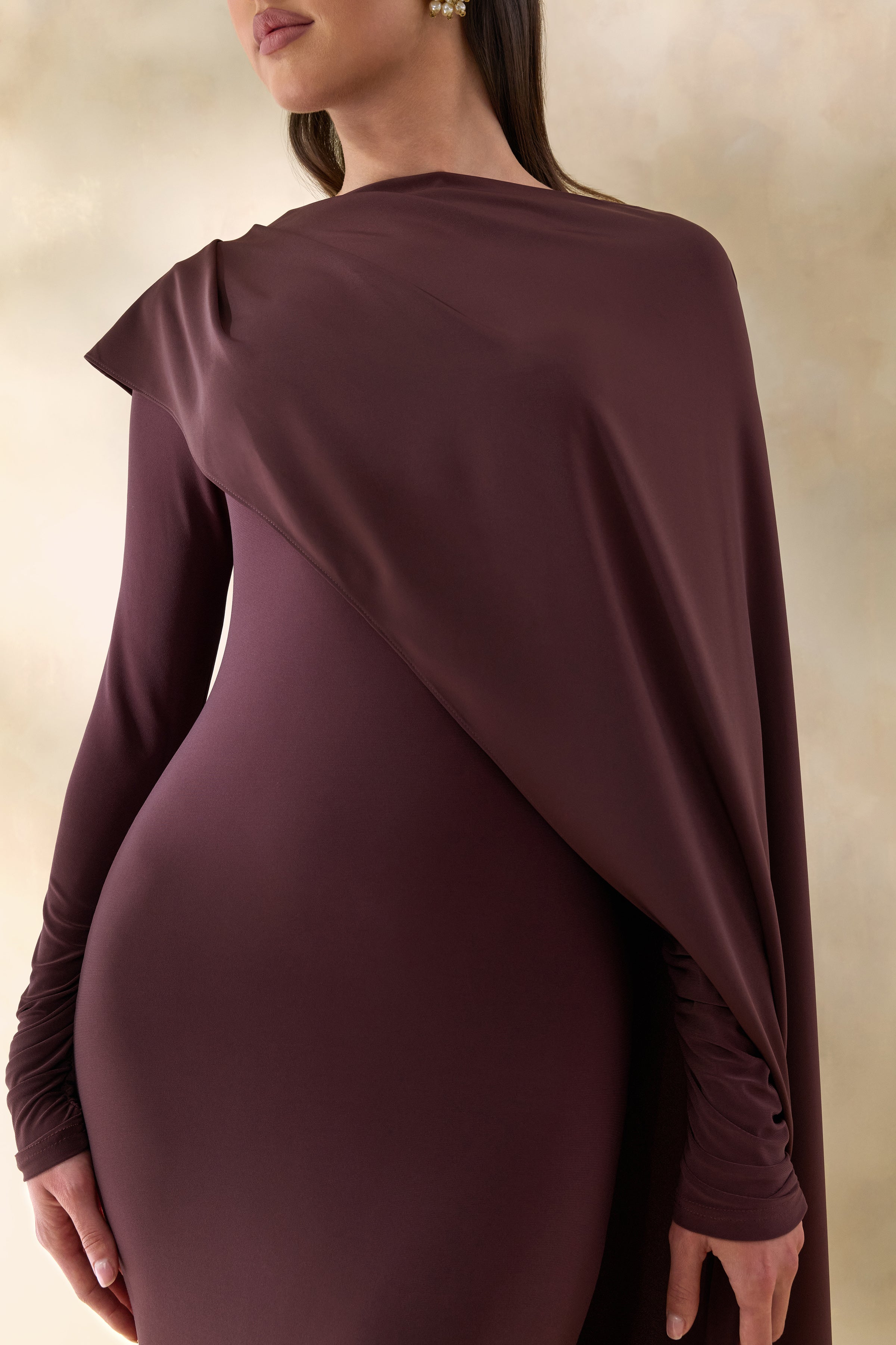 Salenne | Brown Round-Neck Maxi Dress With Satin Asymmetric-Cape